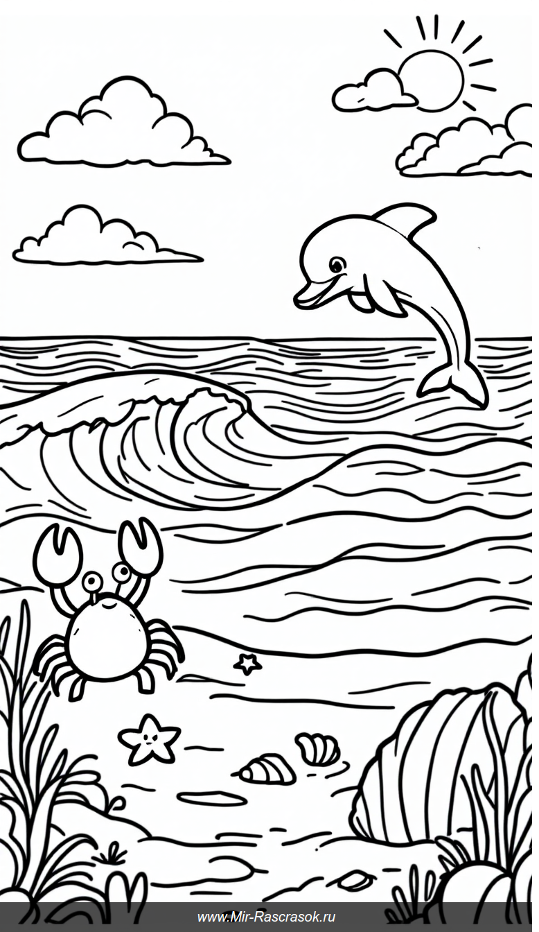 Весёлое море: раскраска для детей с дельфином и крабом
