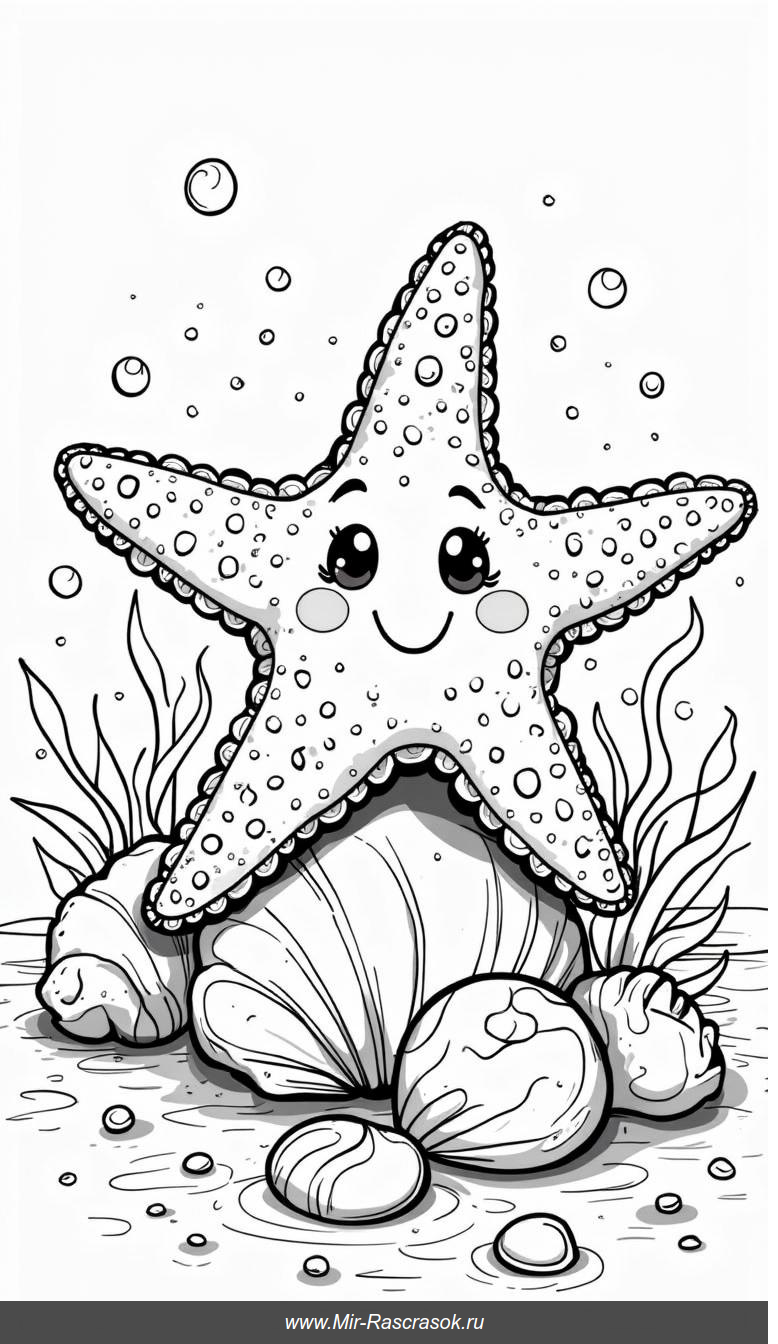 Весёлая морская звезда среди ракушек