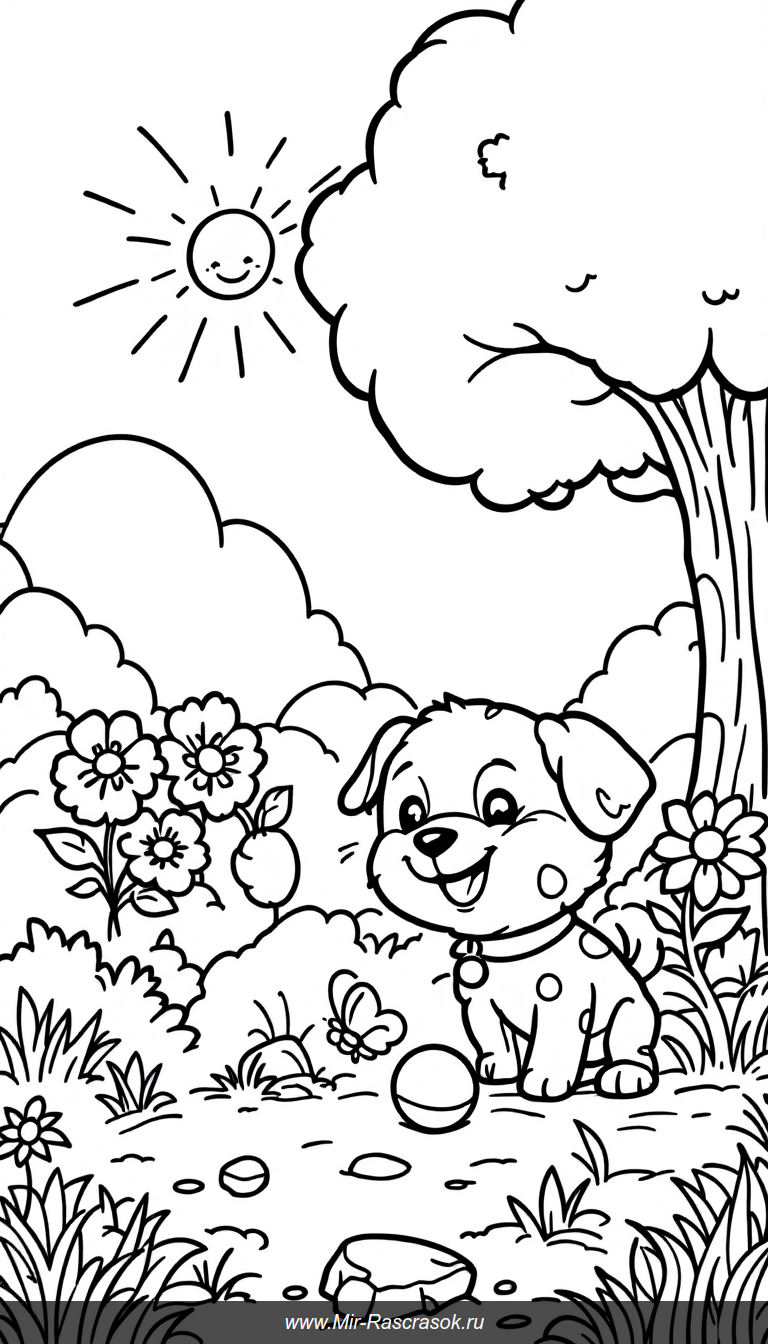 Веселый щенок на прогулке в солнечном парке для раскрашивания