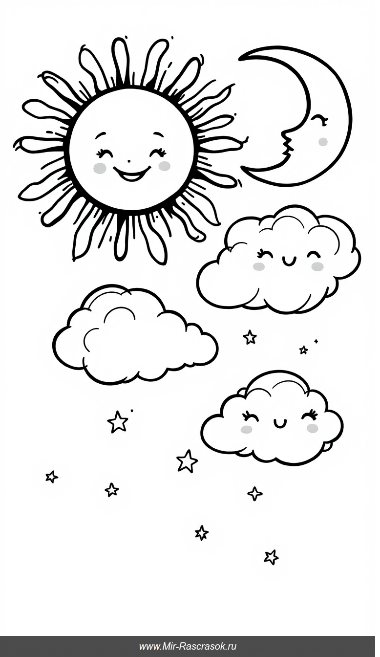 Дружелюбное солнце и спокойная луна для детской раскраски