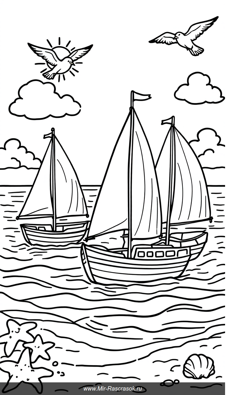 Раскраска: Мирная морская сцена с парусниками для детей