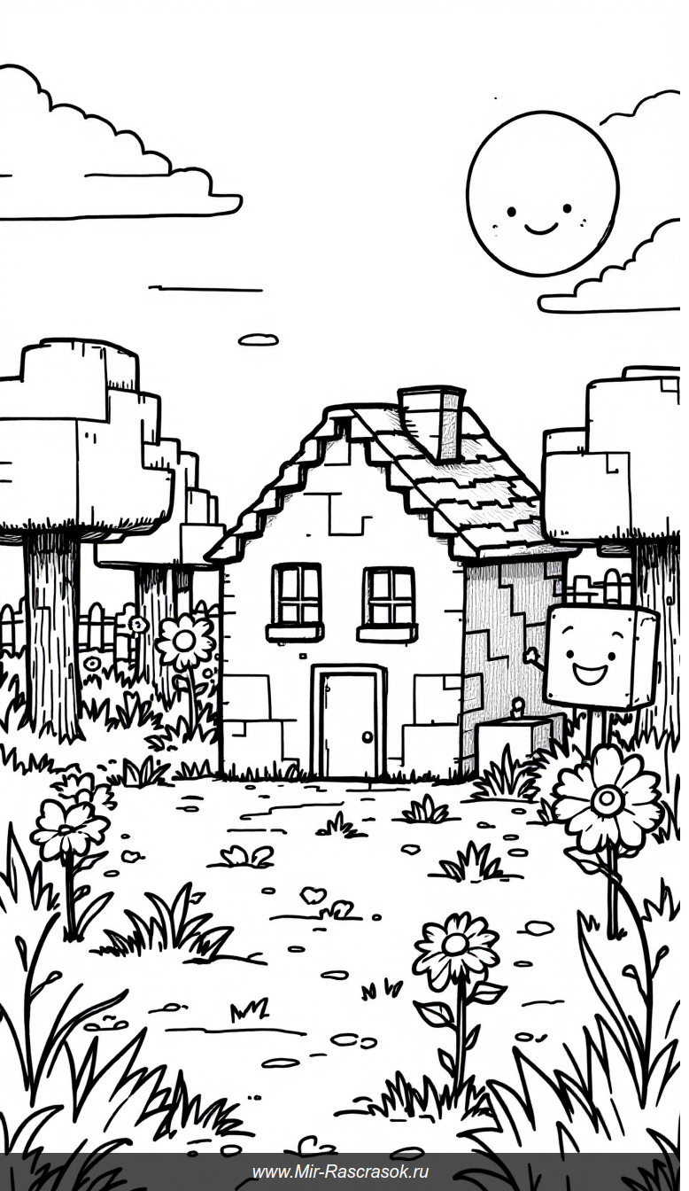 Дружелюбный майнкрафт дом для раскрашивания детям без сложных деталей