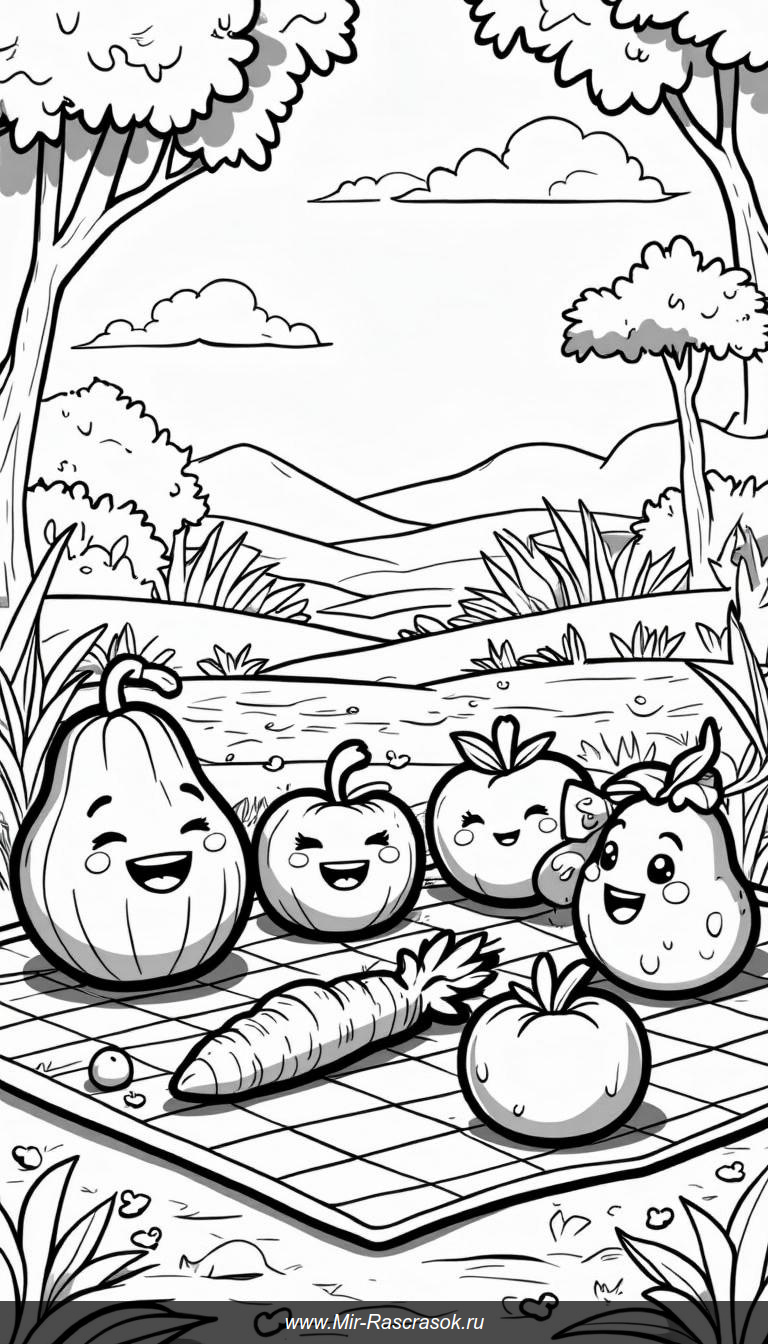 Веселый пикник фруктов и овощей в раскраске