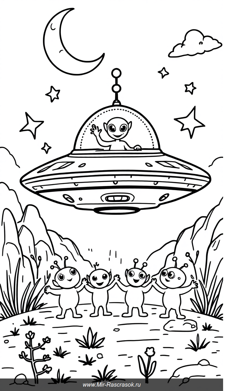 Дружелюбные инопланетяне и НЛО в детской раскраске для радости и творчества