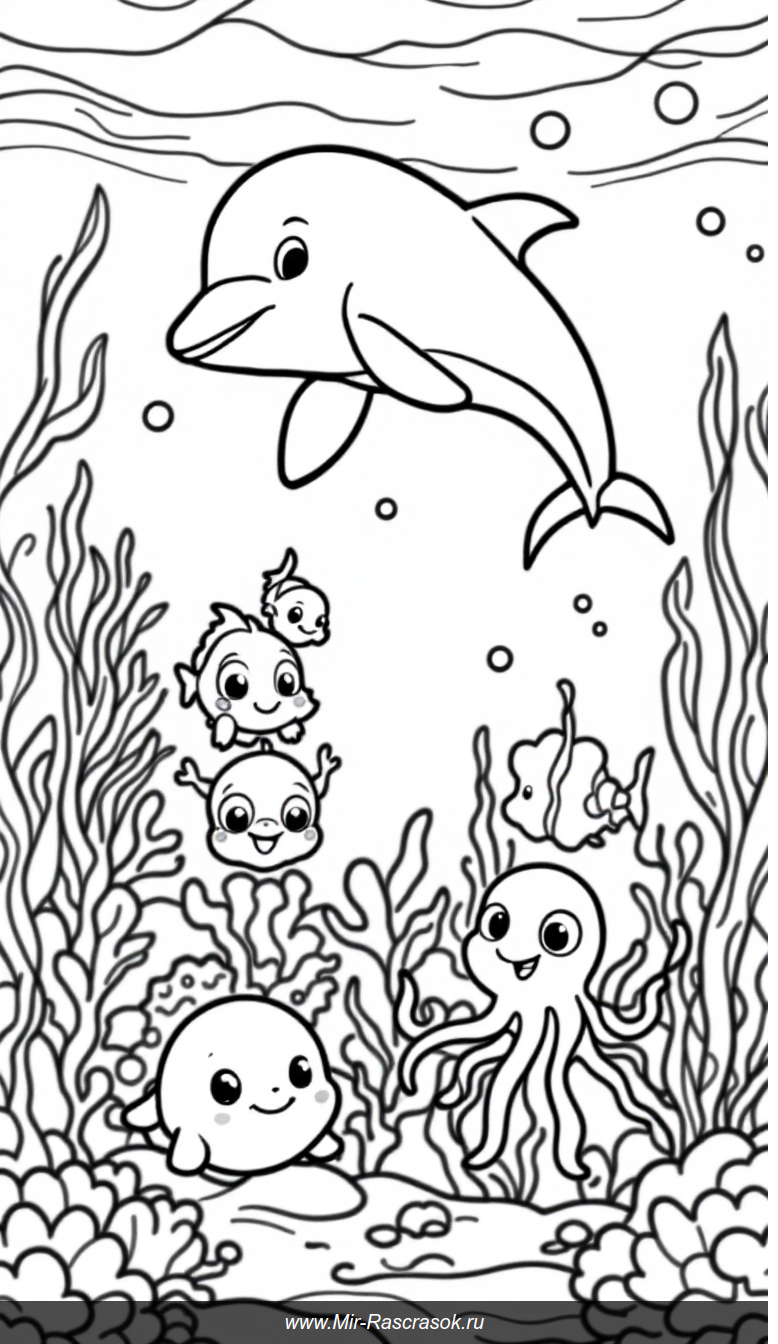 Весёлый подводный мир для раскрашивания дети и морские друзья