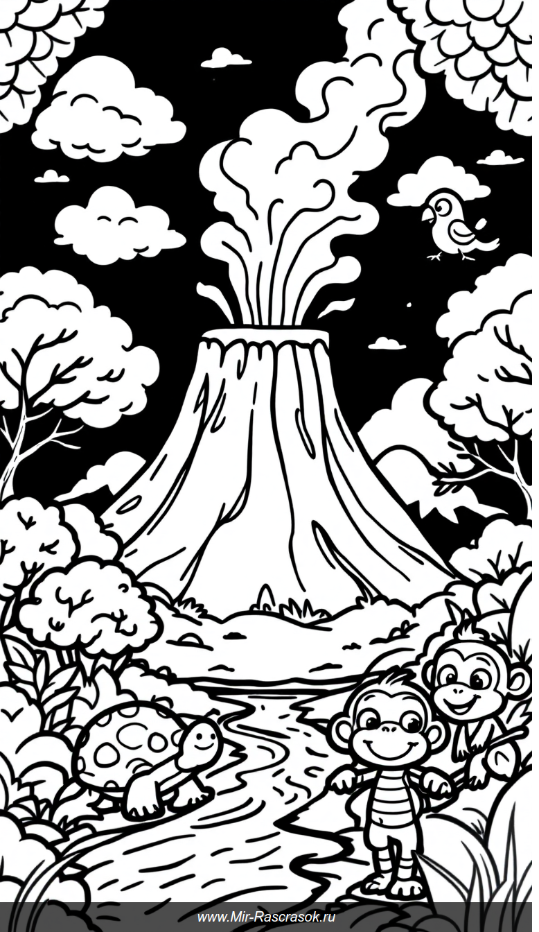 Дружелюбный вулкан и веселые животные для детской раскраски