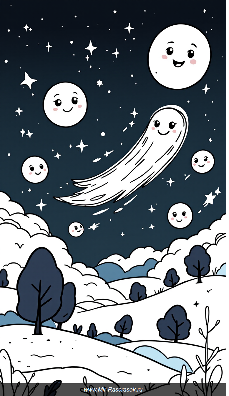 Веселое космическое раскраска с улыбающимся кометой и метеорами