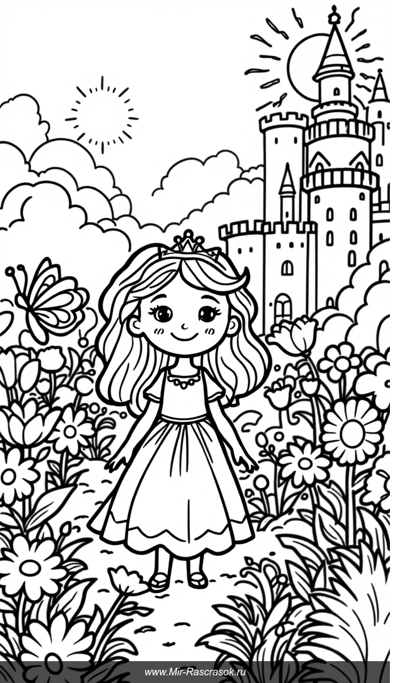 Раскраска для малышей Веселая принцесса в солнечном саду