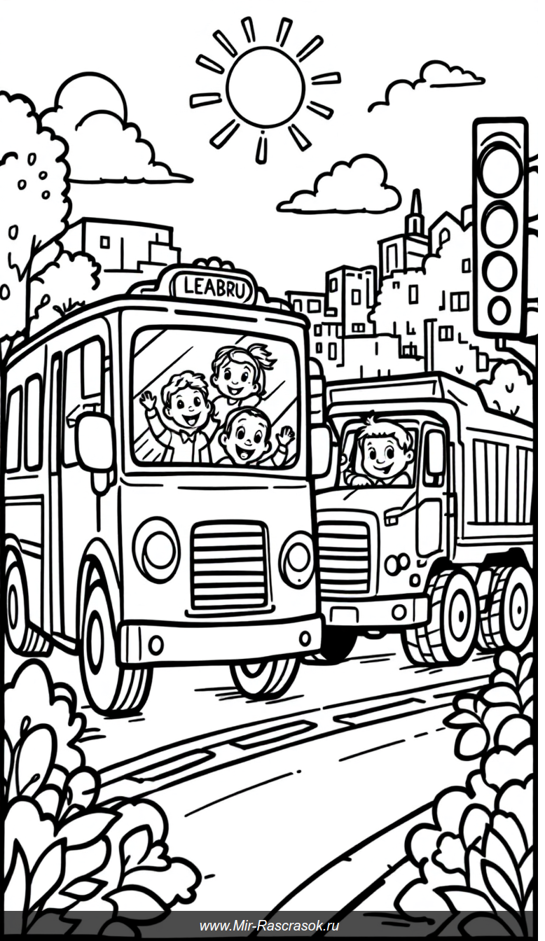 Весёлый городской пейзаж с дружелюбным автобусом и мощным самосвалом для раскраски