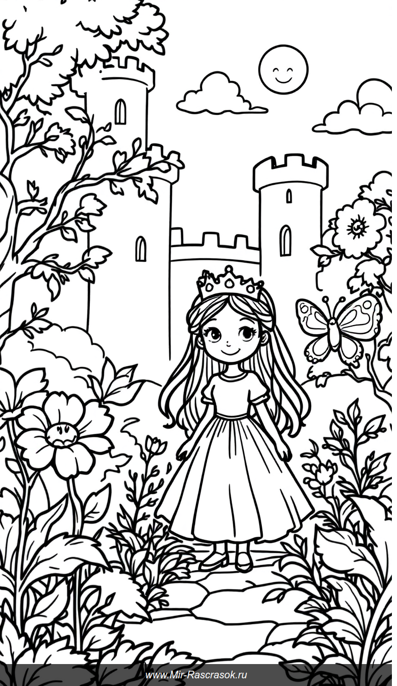 Веселая принцесса в солнечном саду замка для детской раскраски