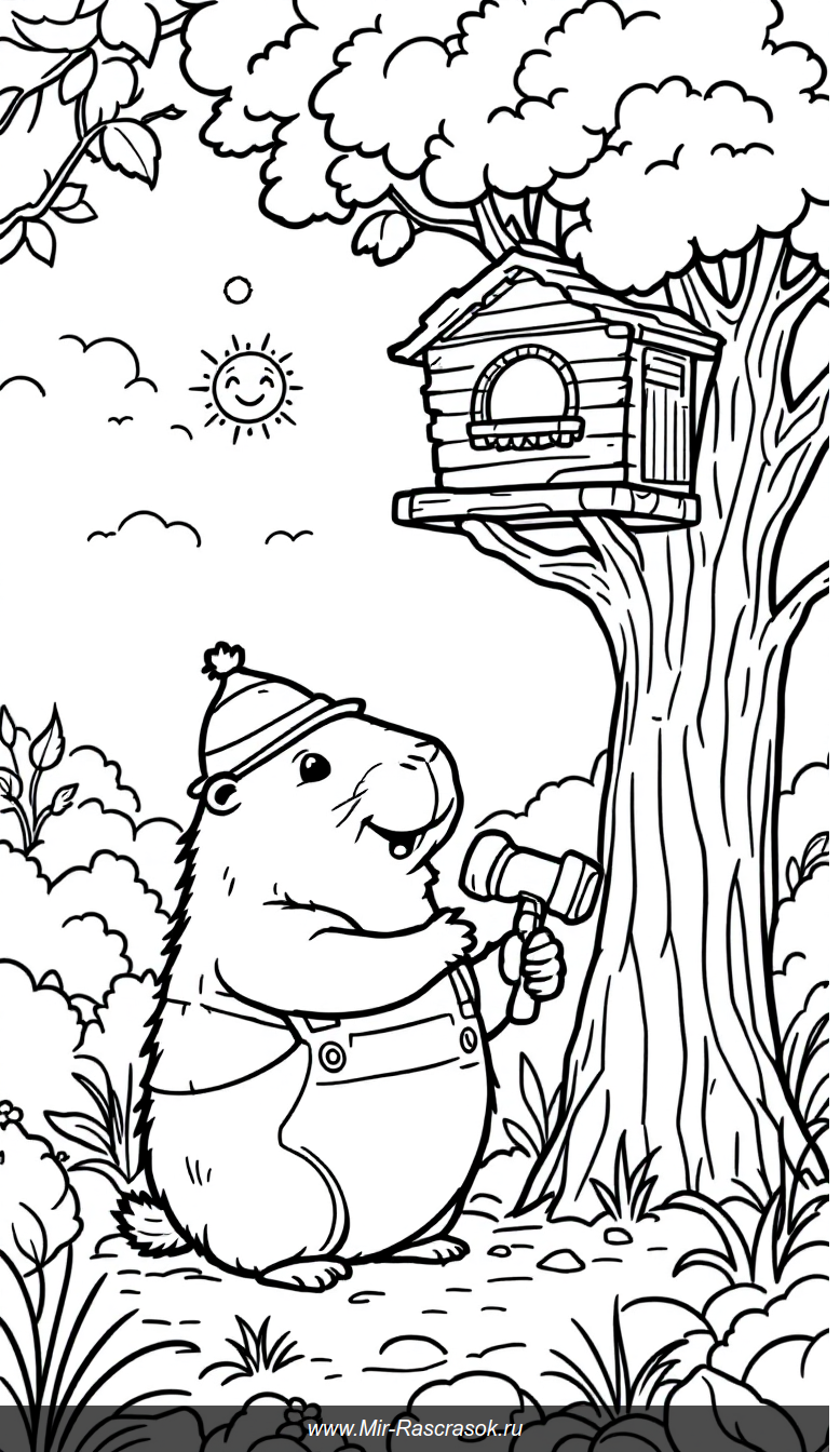 Дружелюбная капибара строит домик на дереве для детской раскраски