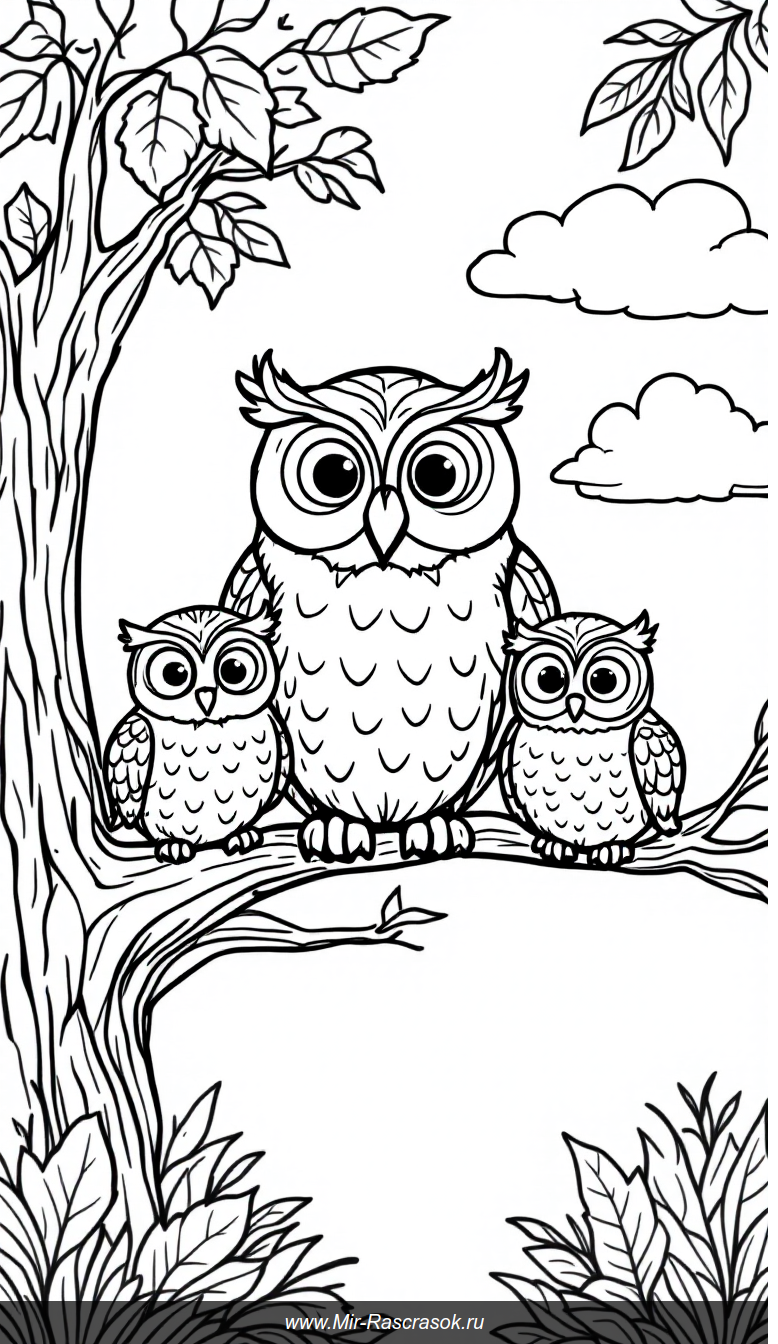 Семья дружелюбных сов на ветке для раскрашивания детьми