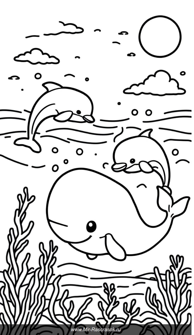Весёлое подводное приключение с дельфинами и китом из раскраски
