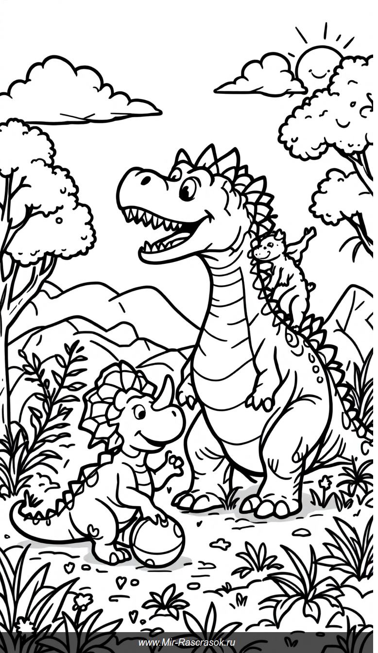 Весёлая игра динозавров в доисторическом парке для раскрашивания