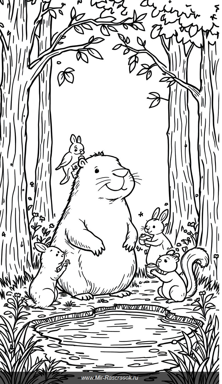 Дружная капибара и лесные друзья на раскраске для детей