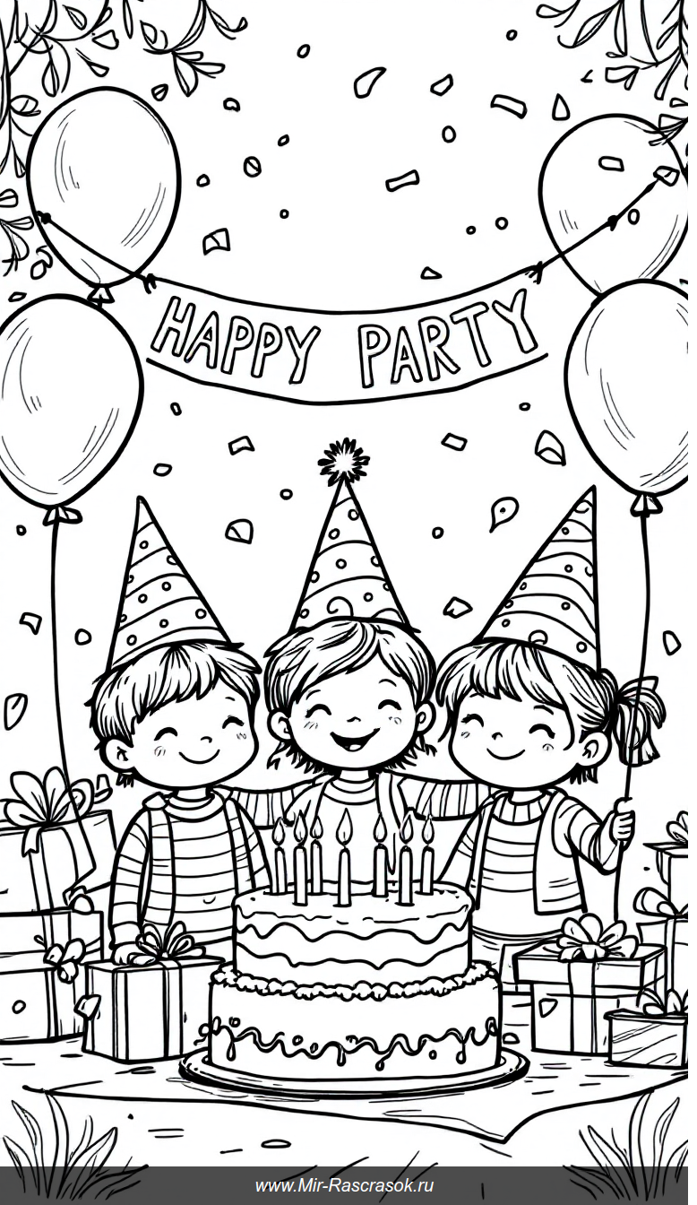 Весёлая детская раскраска с праздником рождения и воздушными шарами