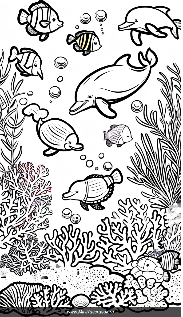 Раскраска Подводный мир с дружелюбными морскими обитателями для творчества