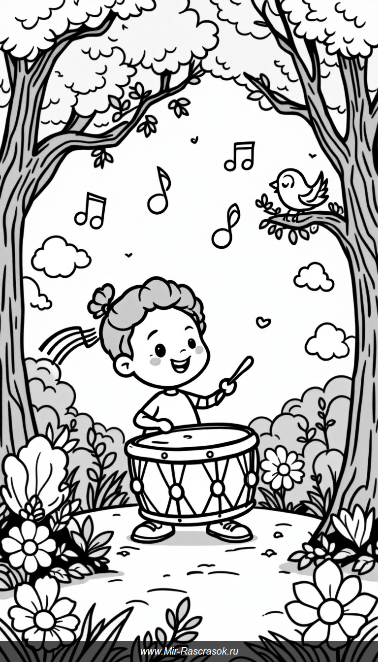 Веселая уличная музыка в раскраске для детей с простыми нотами и птицей