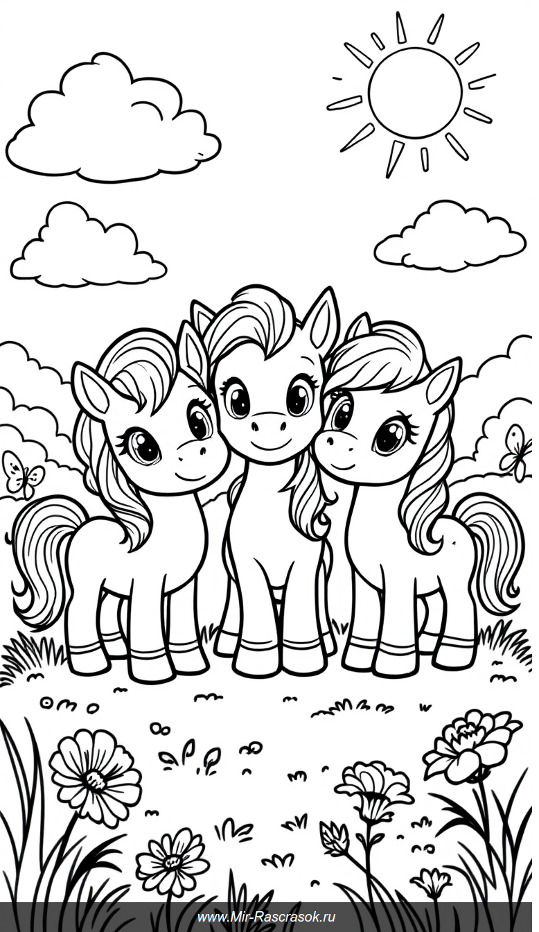Весёлые пони на солнечной поляне книга для детской раскраски
