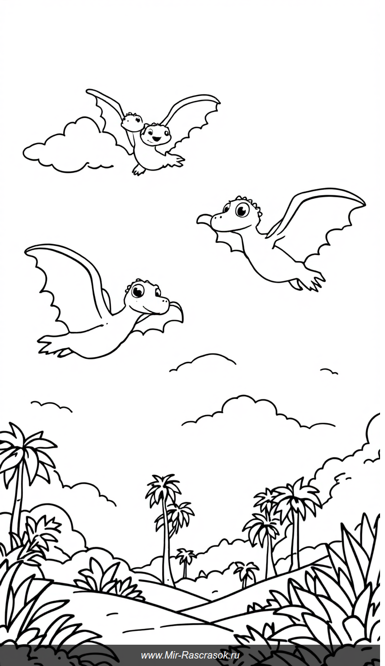 Дружелюбные птеродактили: раскраска с простыми контурами для детей