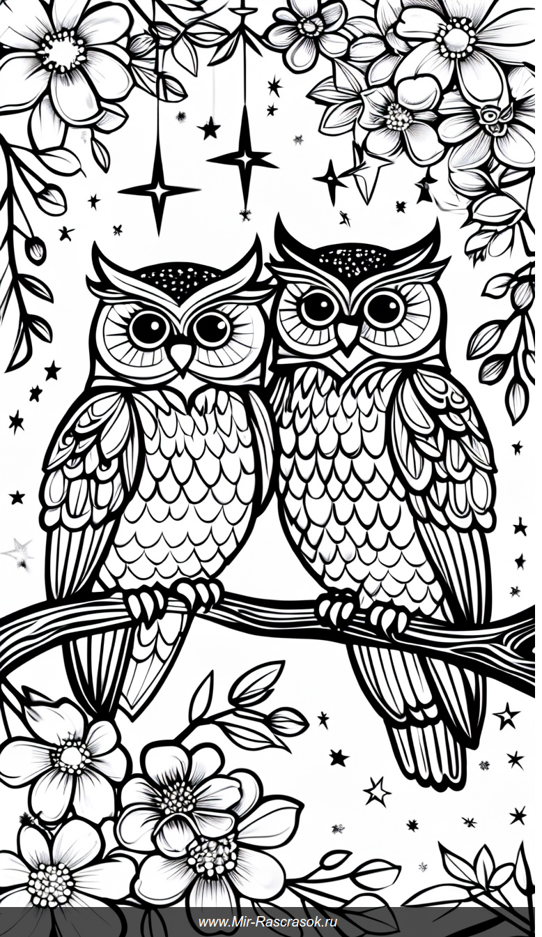 Очаровательные совы в цветочном лесу звездной ночи раскраска для творчества