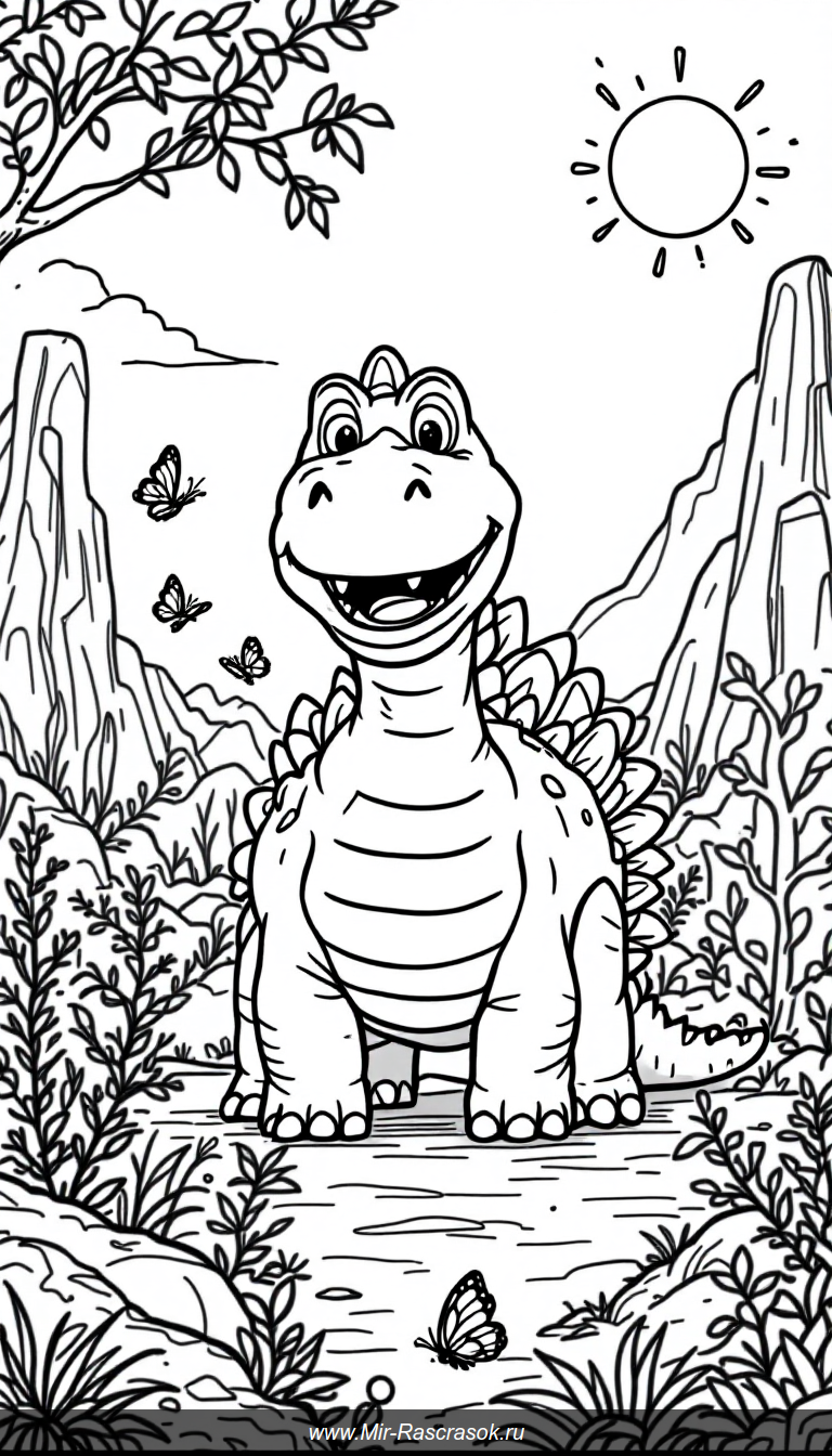 Раскраска с улыбающимся стегозавром приносит радость детям 🦕🌞 Простые линии и дружелюбный динозавр помогут развить творческие навыки 🎨 Идеально для малышей, которые любят доисторических зверей и веселые картинки 🦋 Подарите ребенку веселое и познавательное время с нашей раскраской.