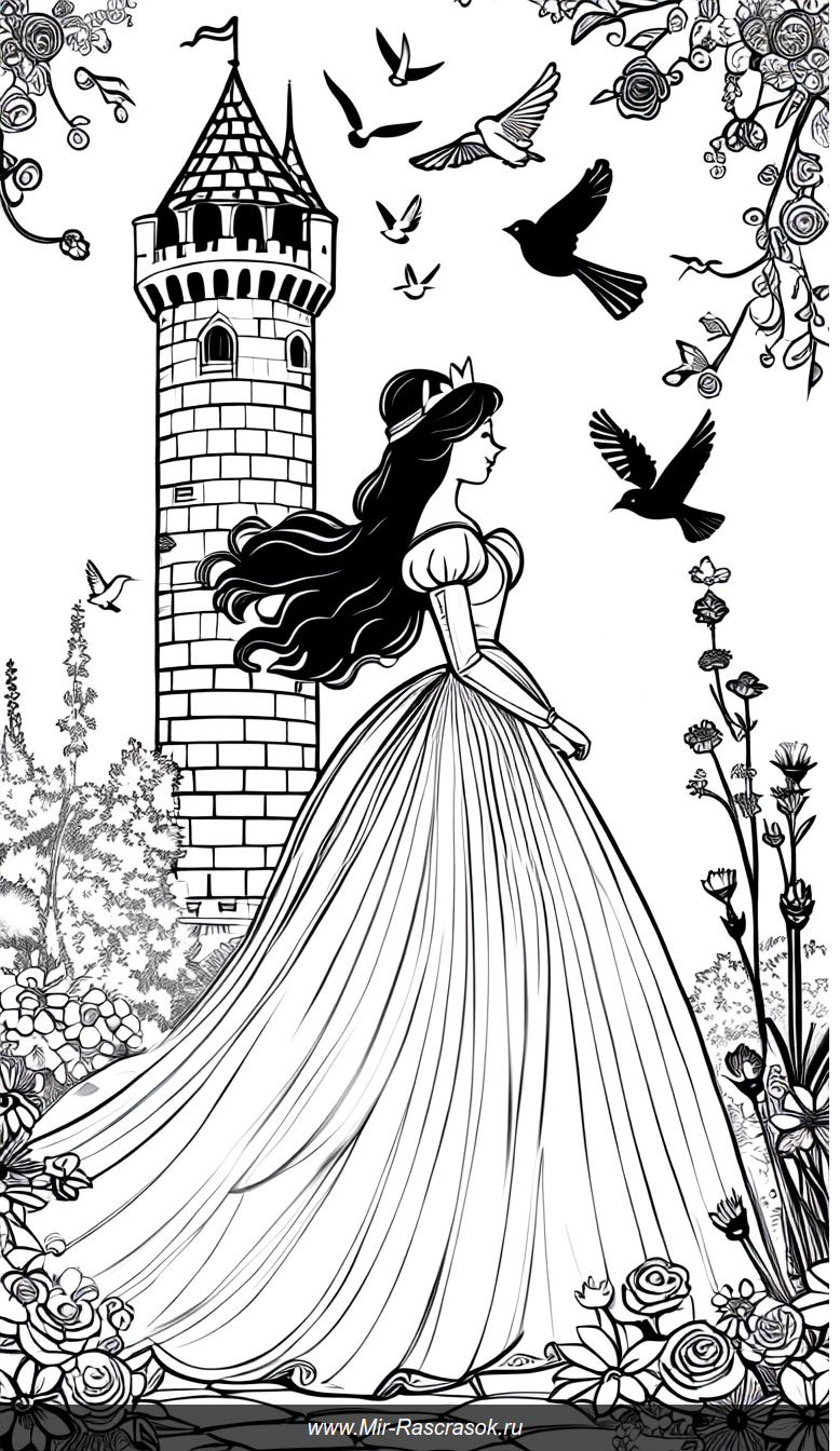 Раскраска с принцессой у замковой башни в сказочном мире