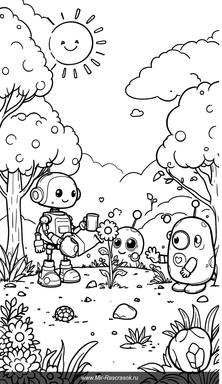 Роботы в солнечном парке Раскраска для детей с простыми формами