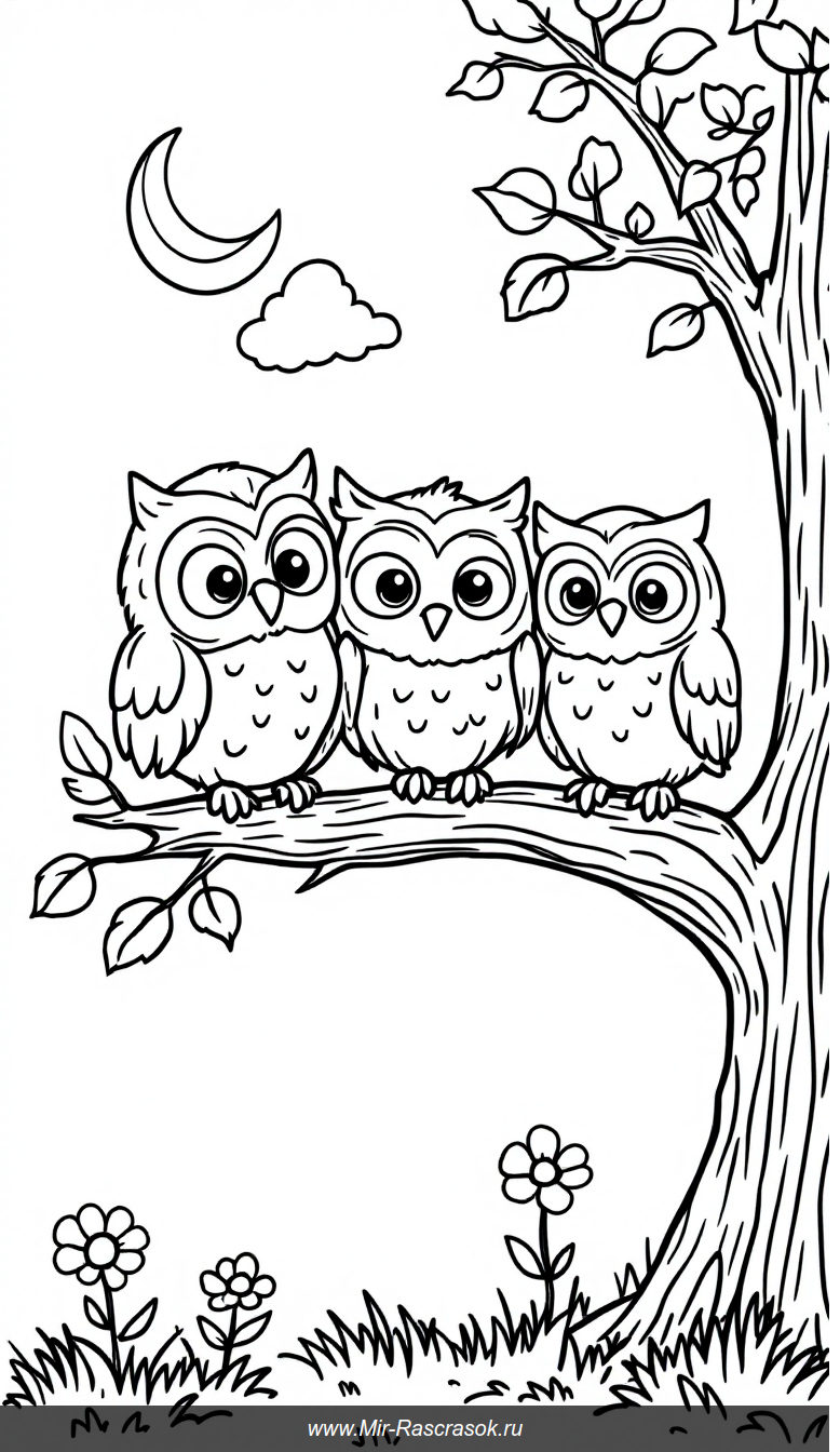 Три совёнка на ветке спокойная сцена для детской раскраски