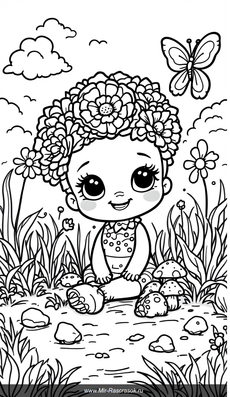 Раскраска с Лабубу в саду для веселого и простого творчества детей