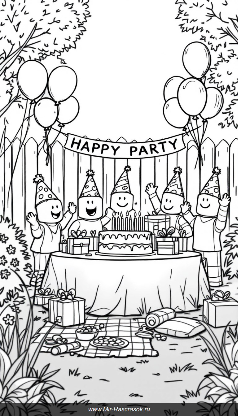 Веселый день рождения Robloxians для детской раскраски