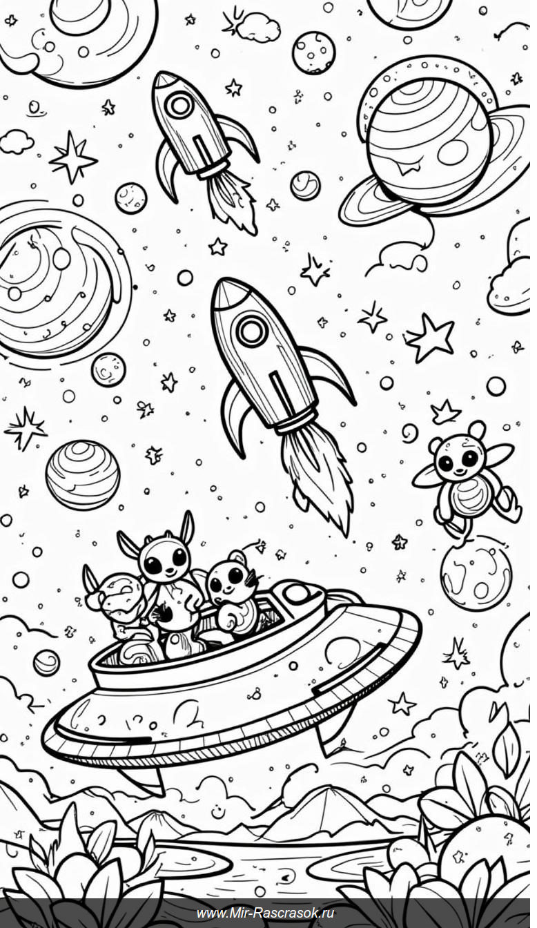 Раскраска космических приключений с дружелюбными инопланетянами