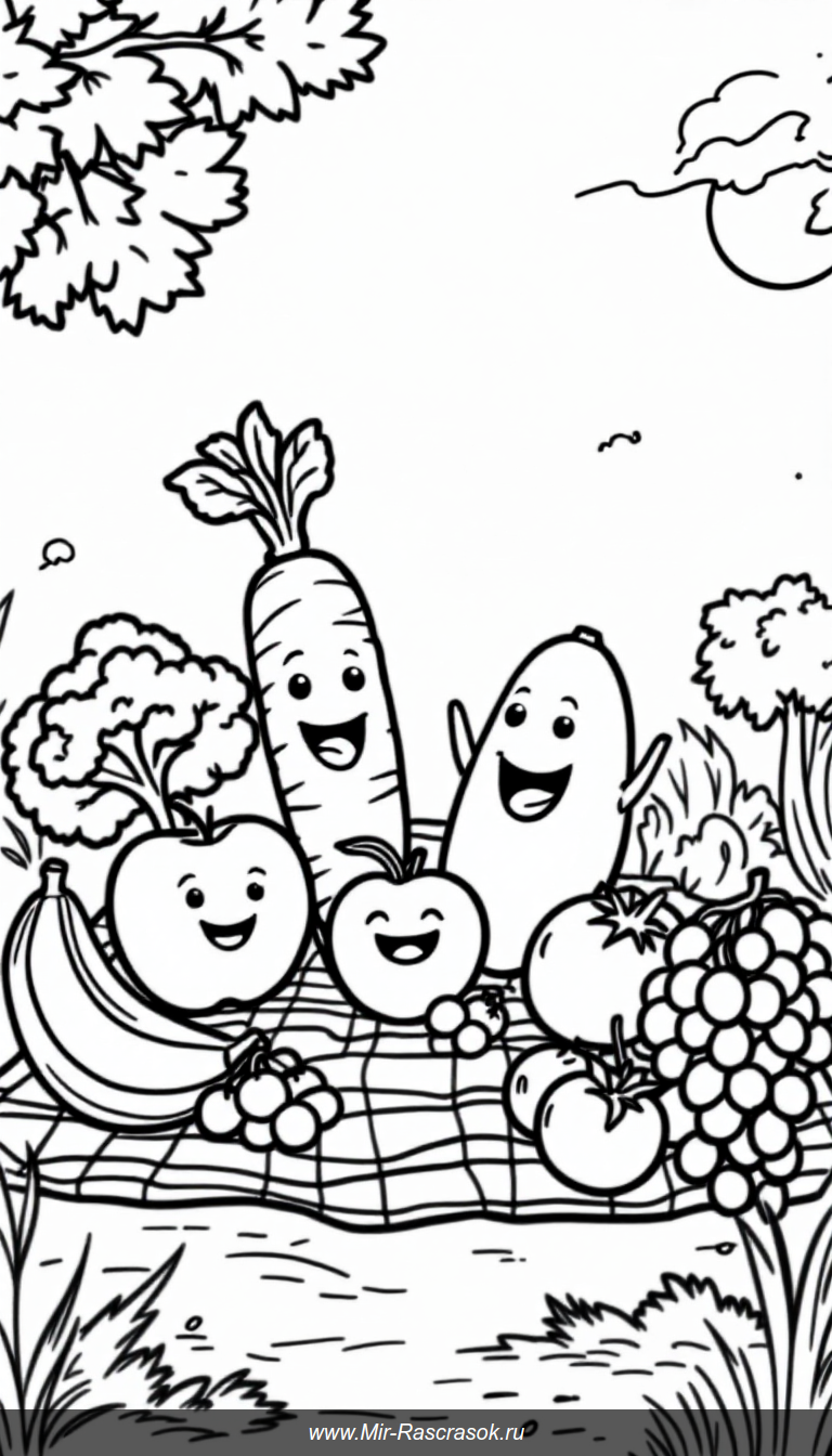 Улыбающиеся фрукты и овощи для раскраски