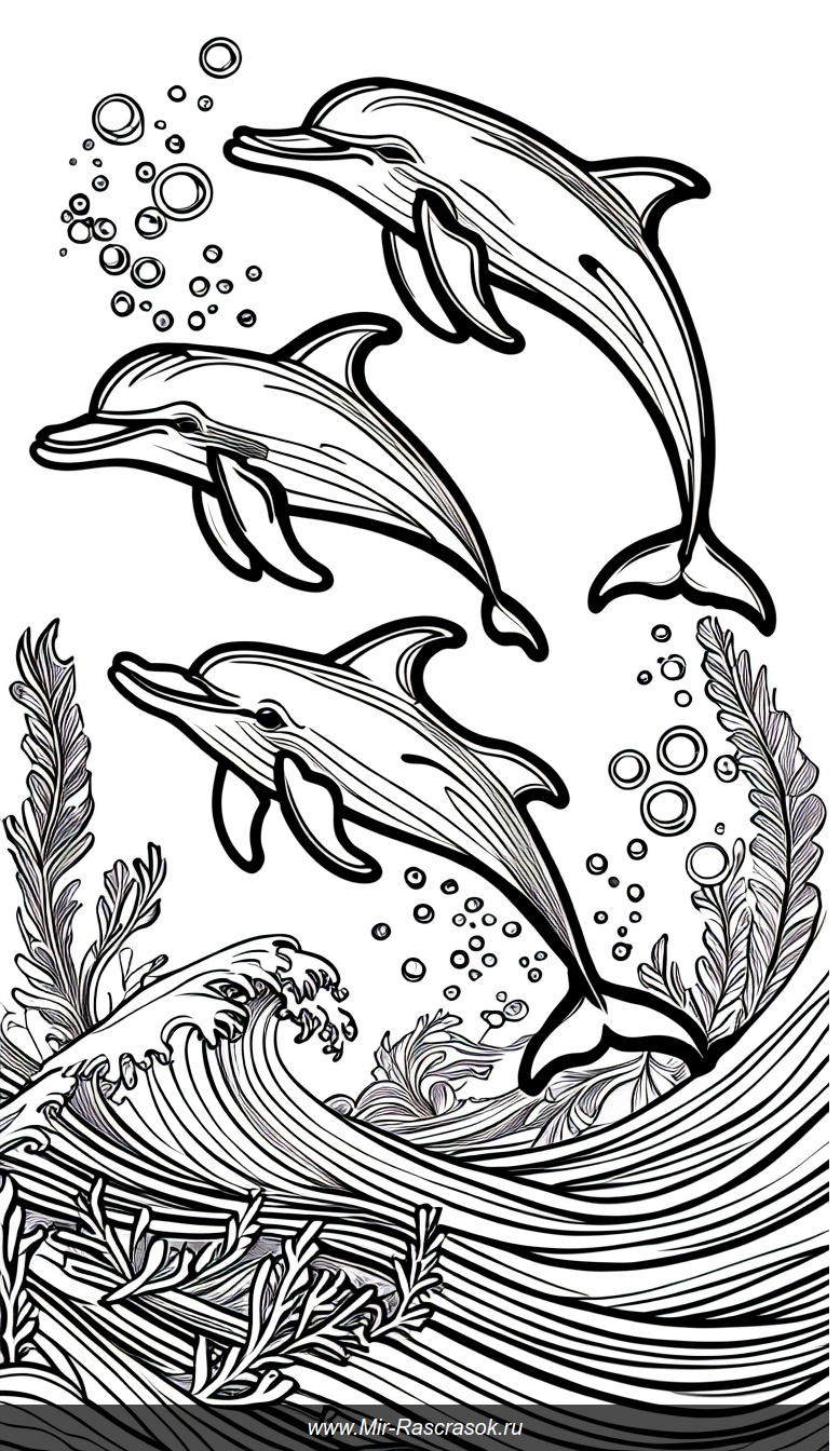 Раскраска с дельфинами и китами играющими в океанских волнах