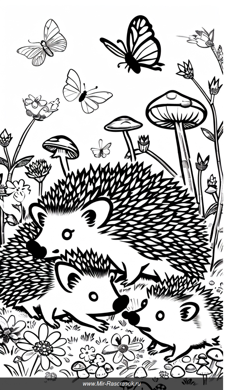 Раскраска с милыми ежиками в цветущем лугу среди бабочек и грибов