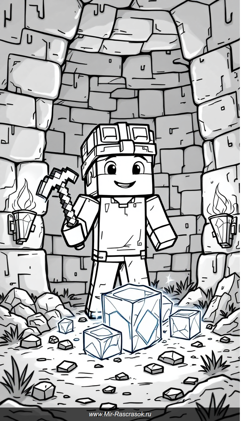 Веселое приключение в шахте Майнкрафт раскрась сокровища и драгоценные камни