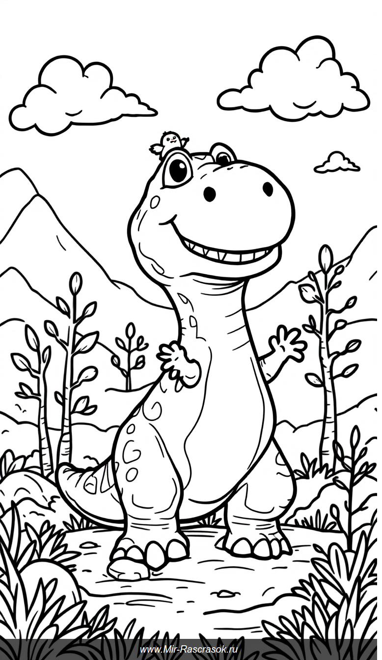 Дружелюбный Тираннозавр в раскраске для детей с простыми линиями