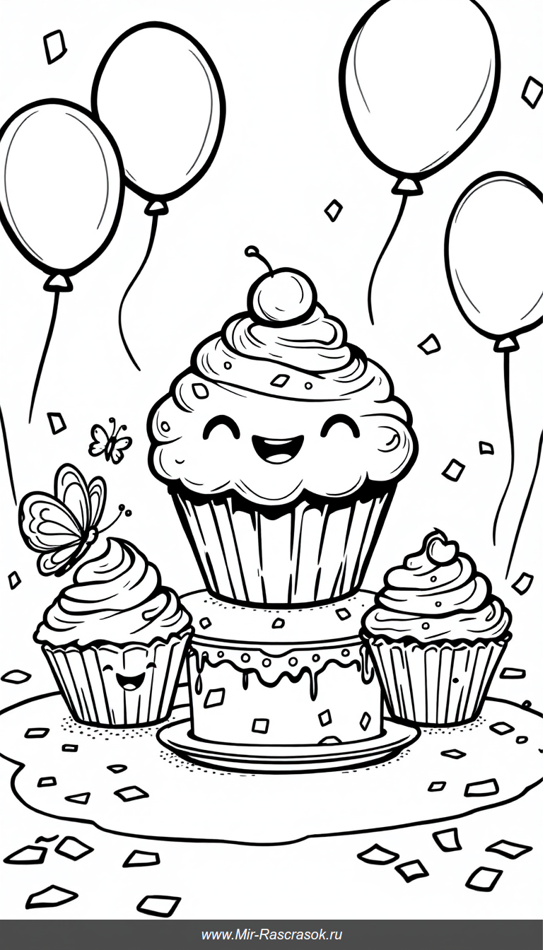 Веселая вечеринка с капкейками раскраска для детей