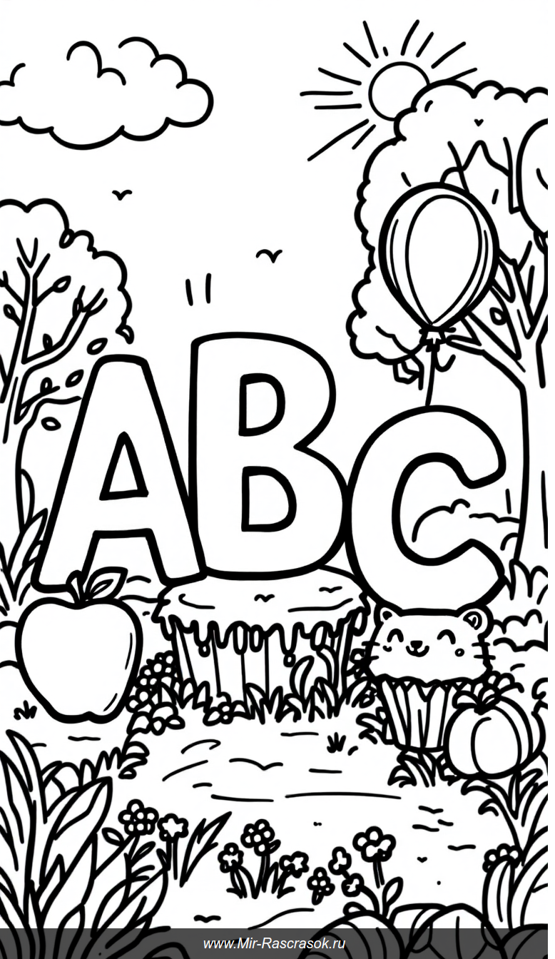 Веселая раскраска с буквами А Б В и простыми персонажами для детей