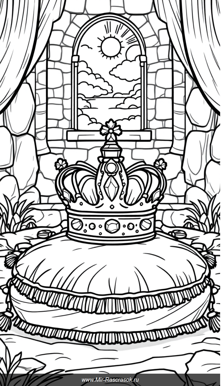 Корона на бархатной подушке Раскраска с замком и солнечным небом
