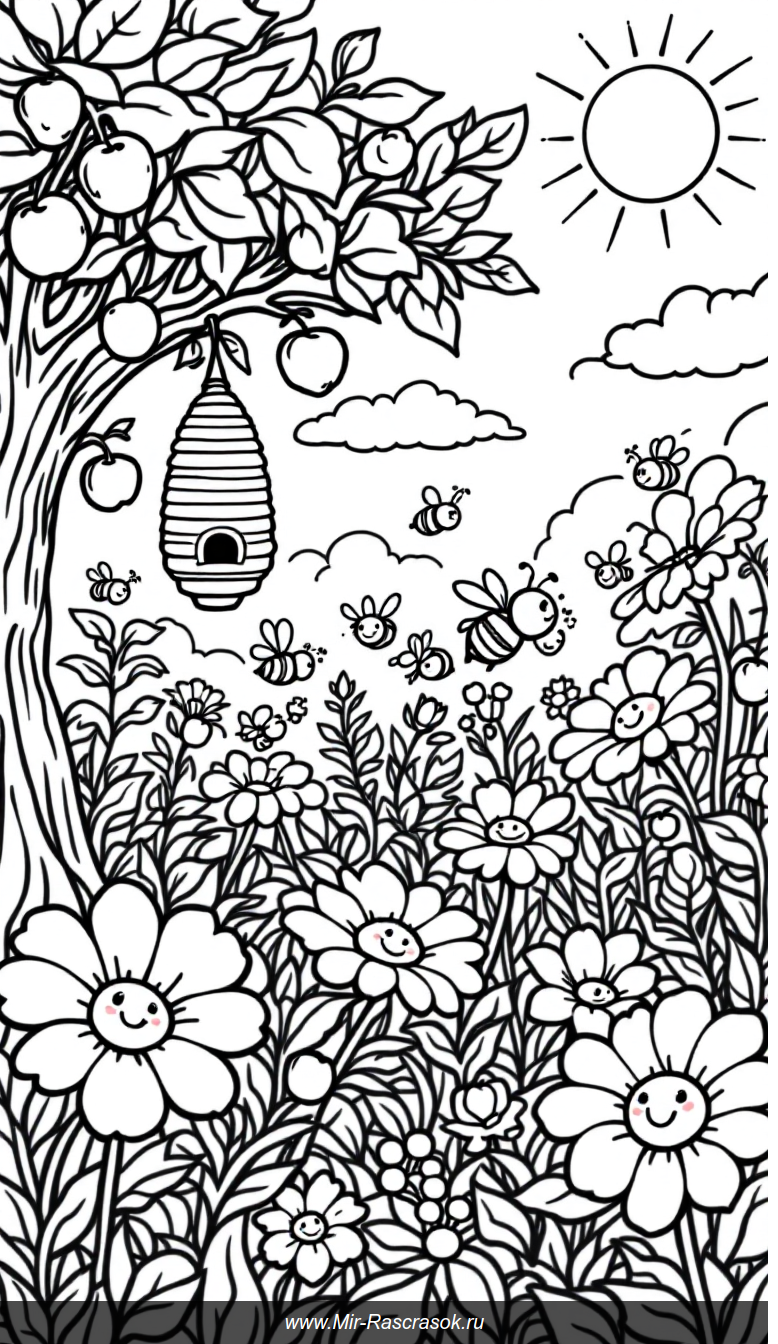 Весёлые пчёлки и солнечный сад в книге для раскрашивания
