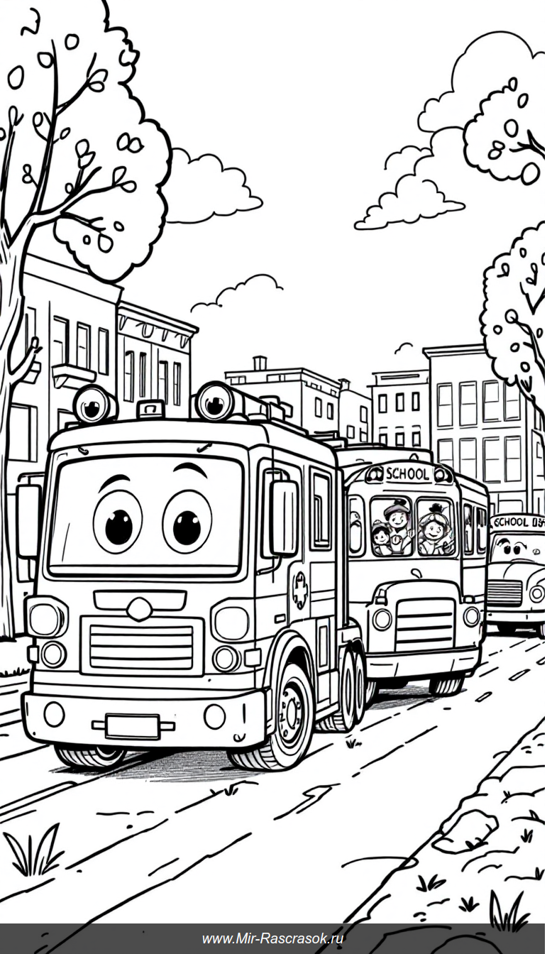 Веселая раскраска с дружелюбными машинами на оживленной улице города