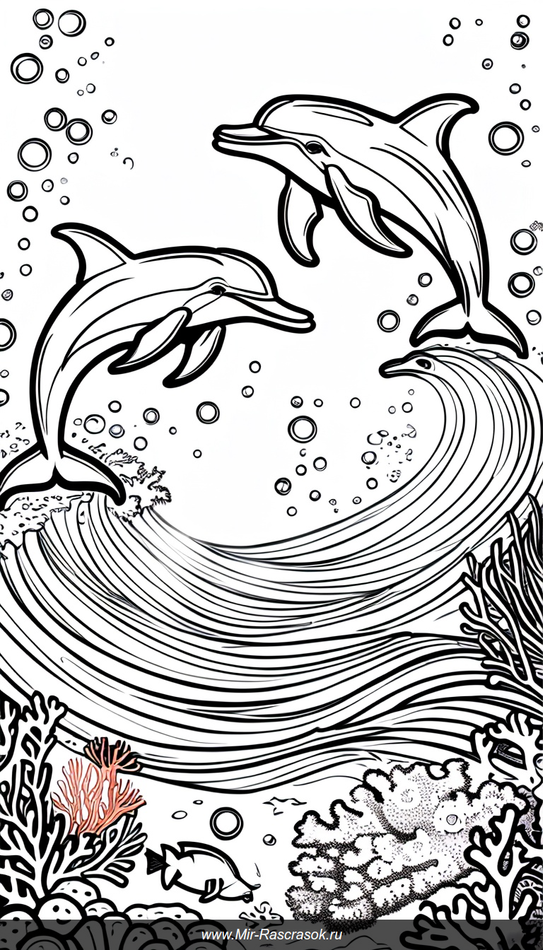 Радостный подводный мир с дельфинами и китами для раскраски