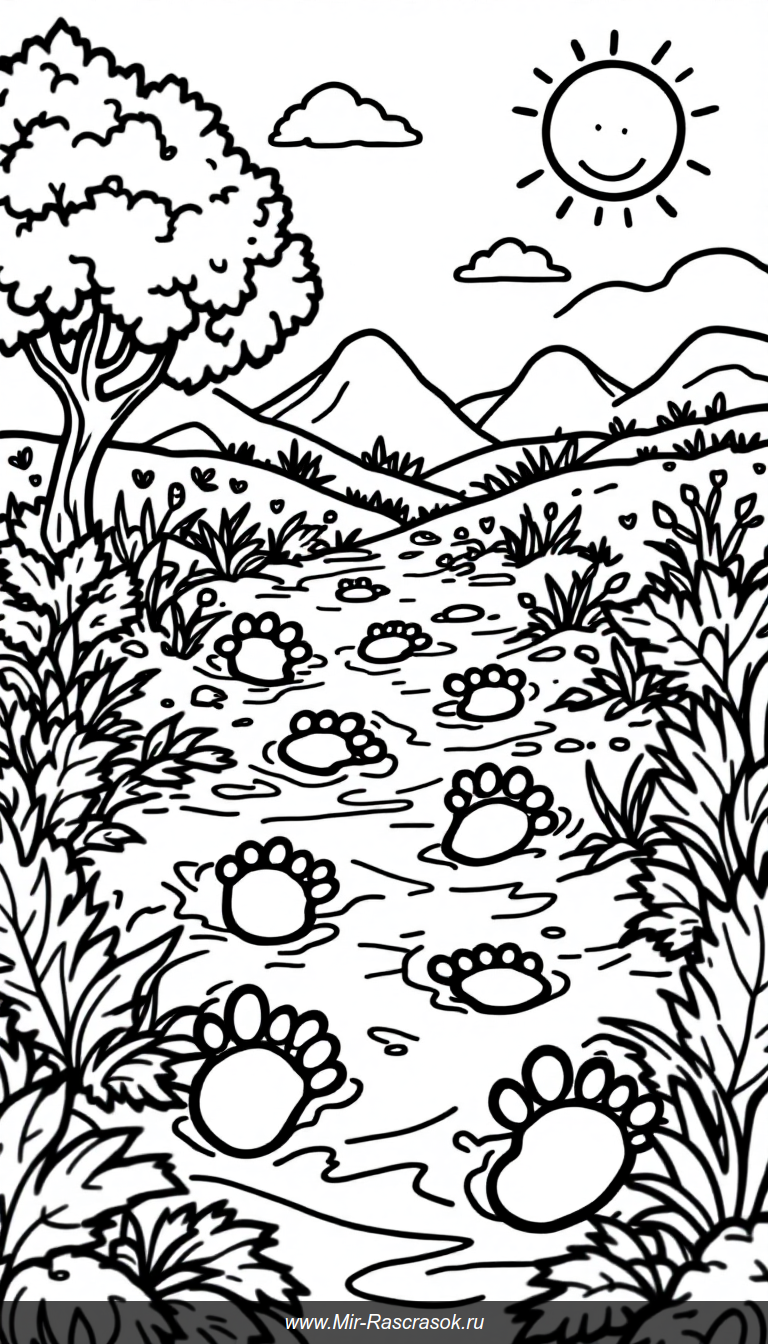 Раскраска с динозавровыми следами в доисторическом пейзаже для детей