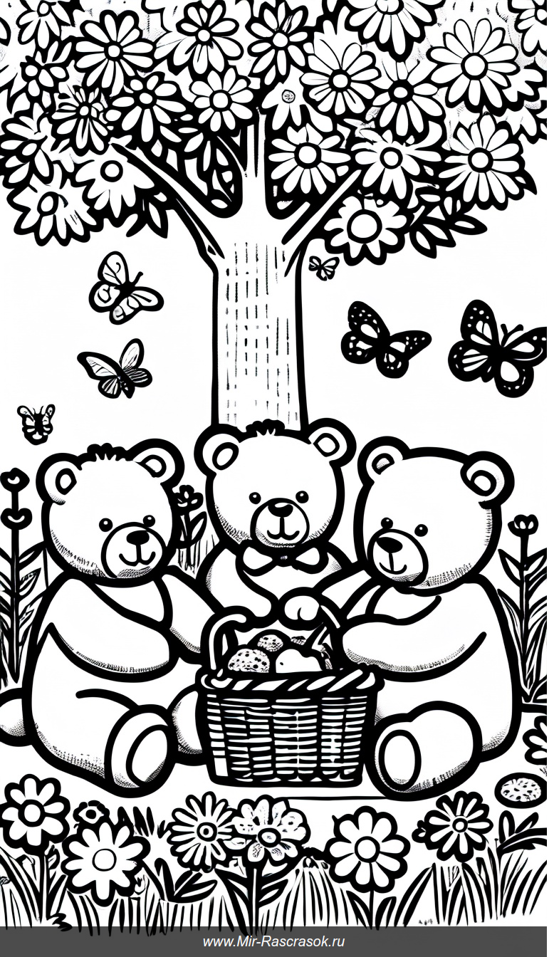 Раскраска с тремя медвежатами на пикнике под деревом среди цветов и бабочек