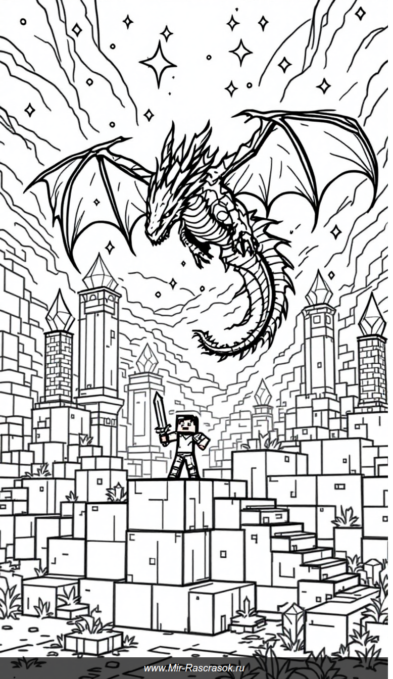 Битва с Драконом Края в книжке-раскраске по Minecraft для детей