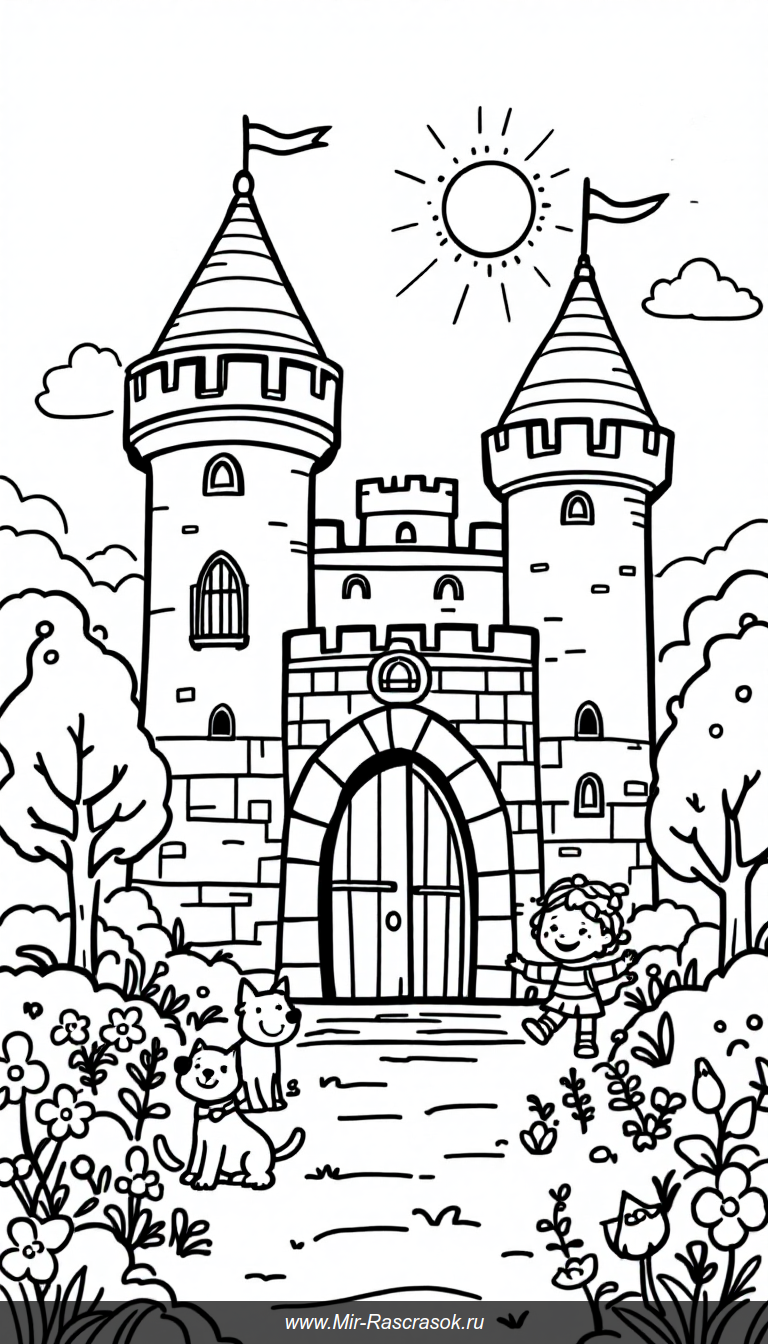 Веселый замок с играющими детьми и дружелюбными животными для раскраски