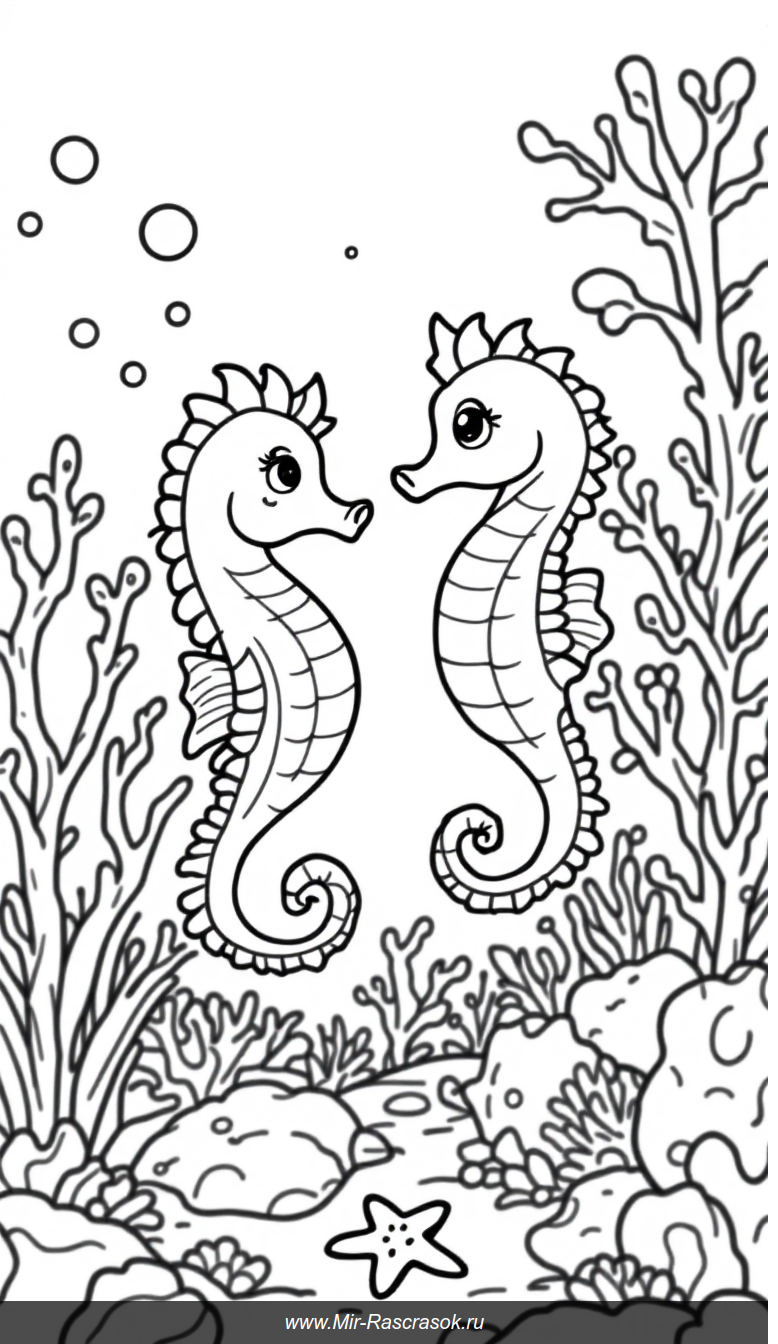 Раскраска с морскими коньками и кораллами для детей