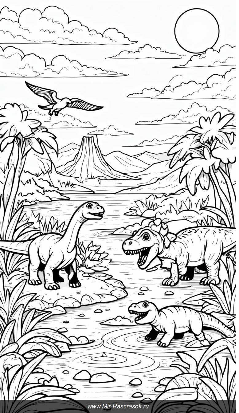Раскраска с динозаврами в доисторическом пейзаже