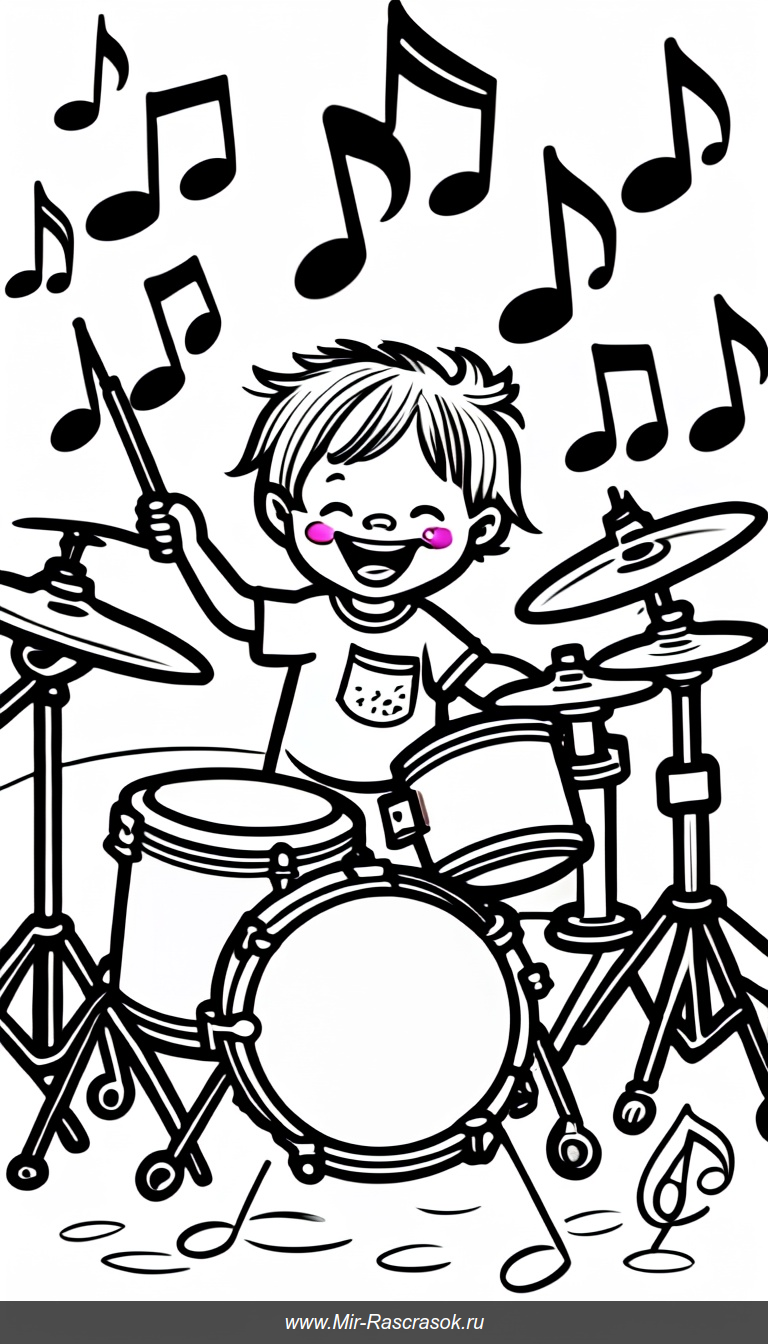 Радостный ребёнок играет на барабанах в окружении танцующих животных